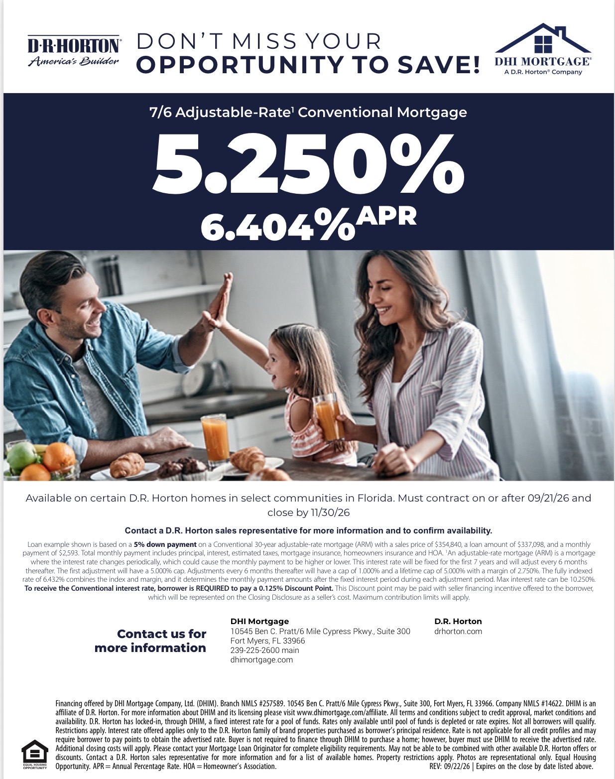 Original DHI Mortgage promotional flyer: 5.25% conventional 7/6 ARM · 6.404% APR