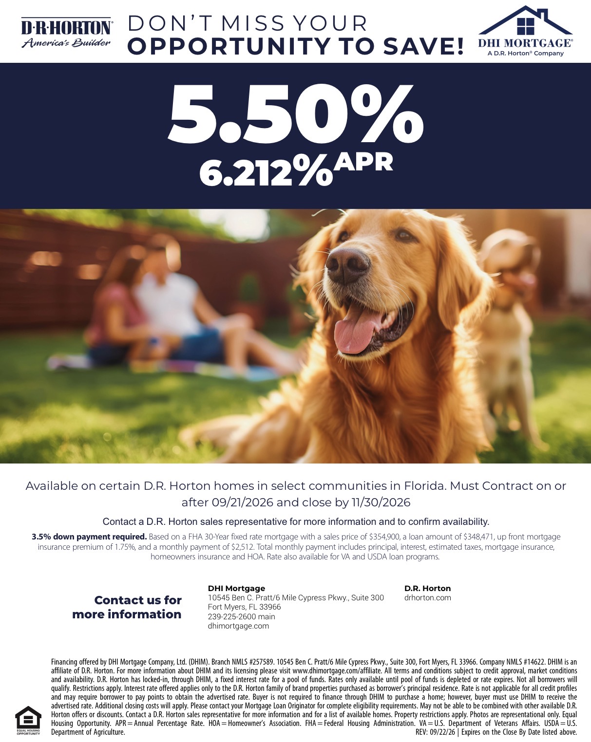 Original DHI Mortgage promotional flyer: 5.50% FHA fixed · 6.212% APR