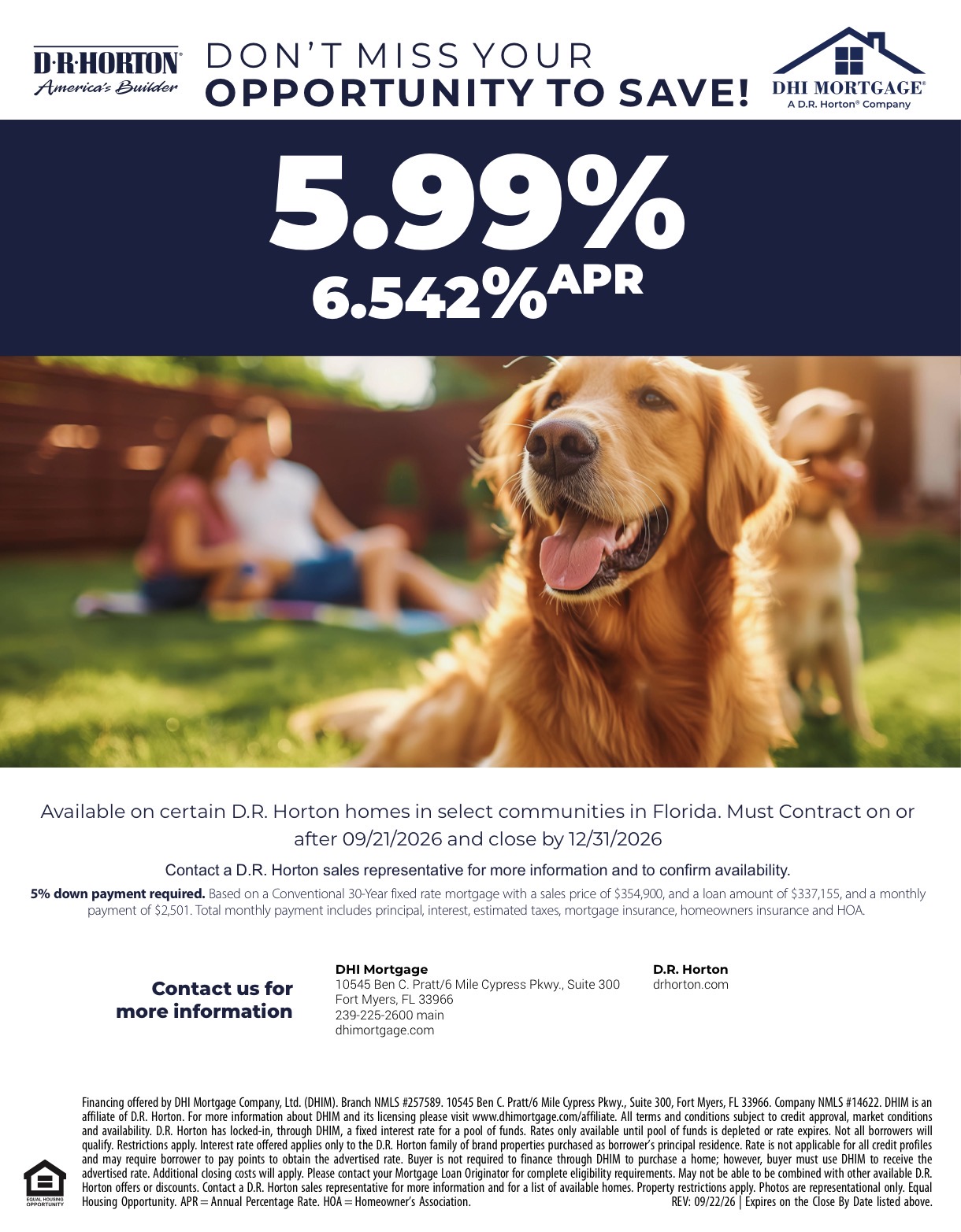 Original DHI Mortgage promotional flyer: 5.99% conventional fixed · 6.542% APR