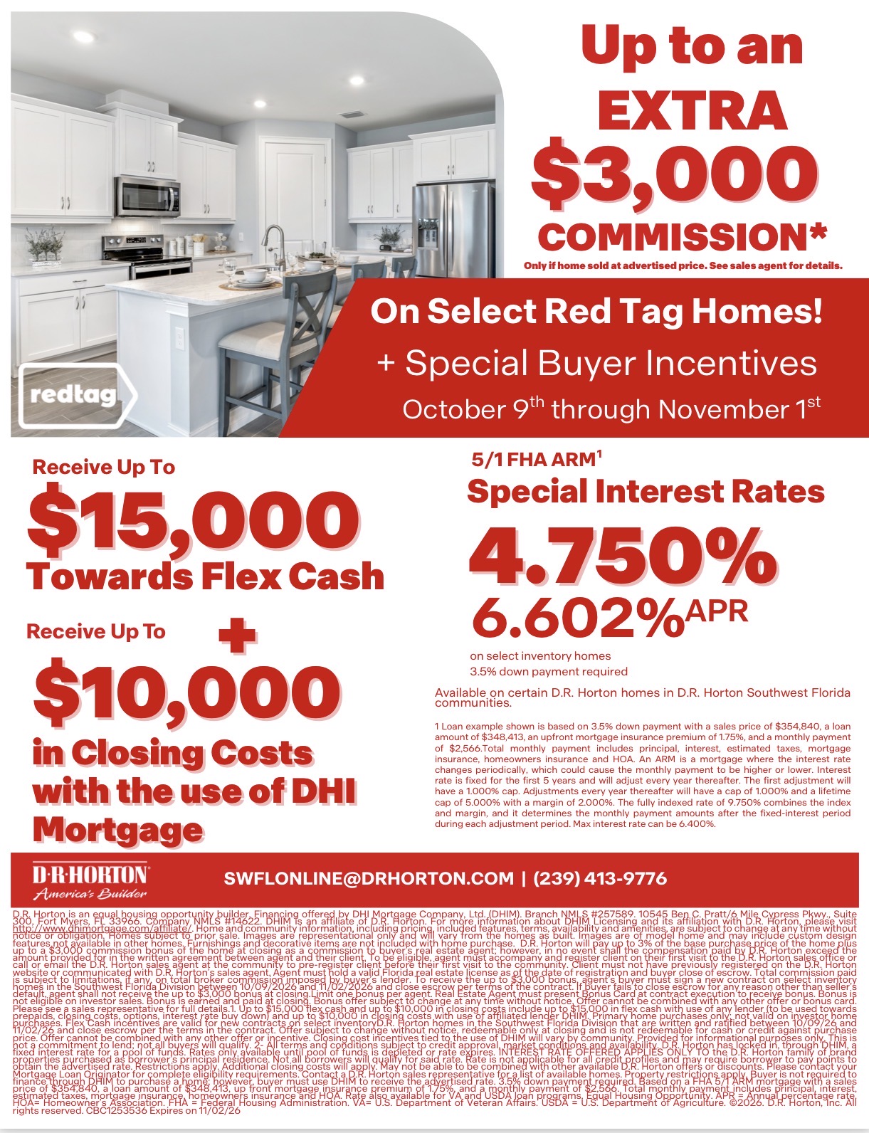 D.R. Horton Red Tag flyer with buyer incentives and separate Realtor commission promotion
